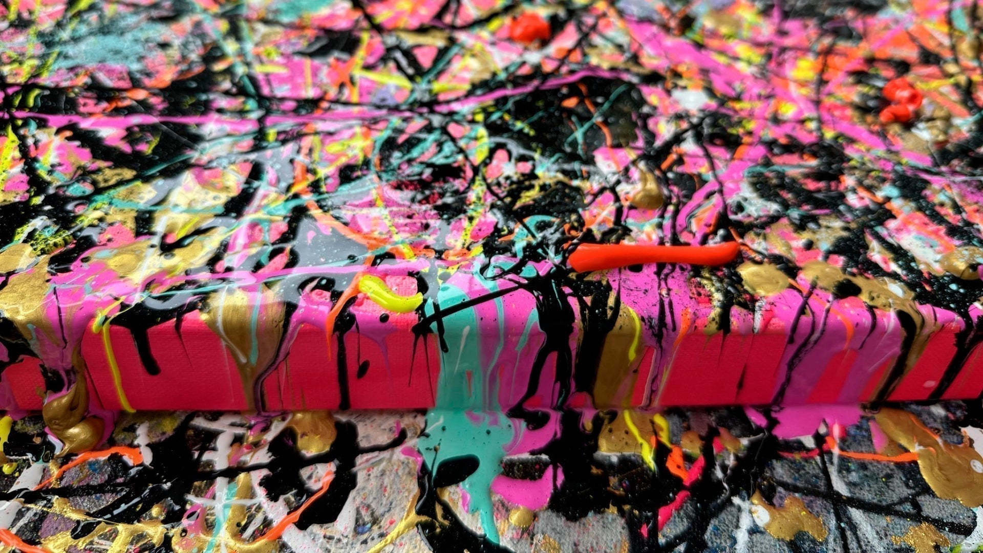 LABYRINTH II Original Abstract Painting by Bridget Bradley. Vibrant abstract expressionism art in progress on studio floor, showing wet paint extended onto edges and floor