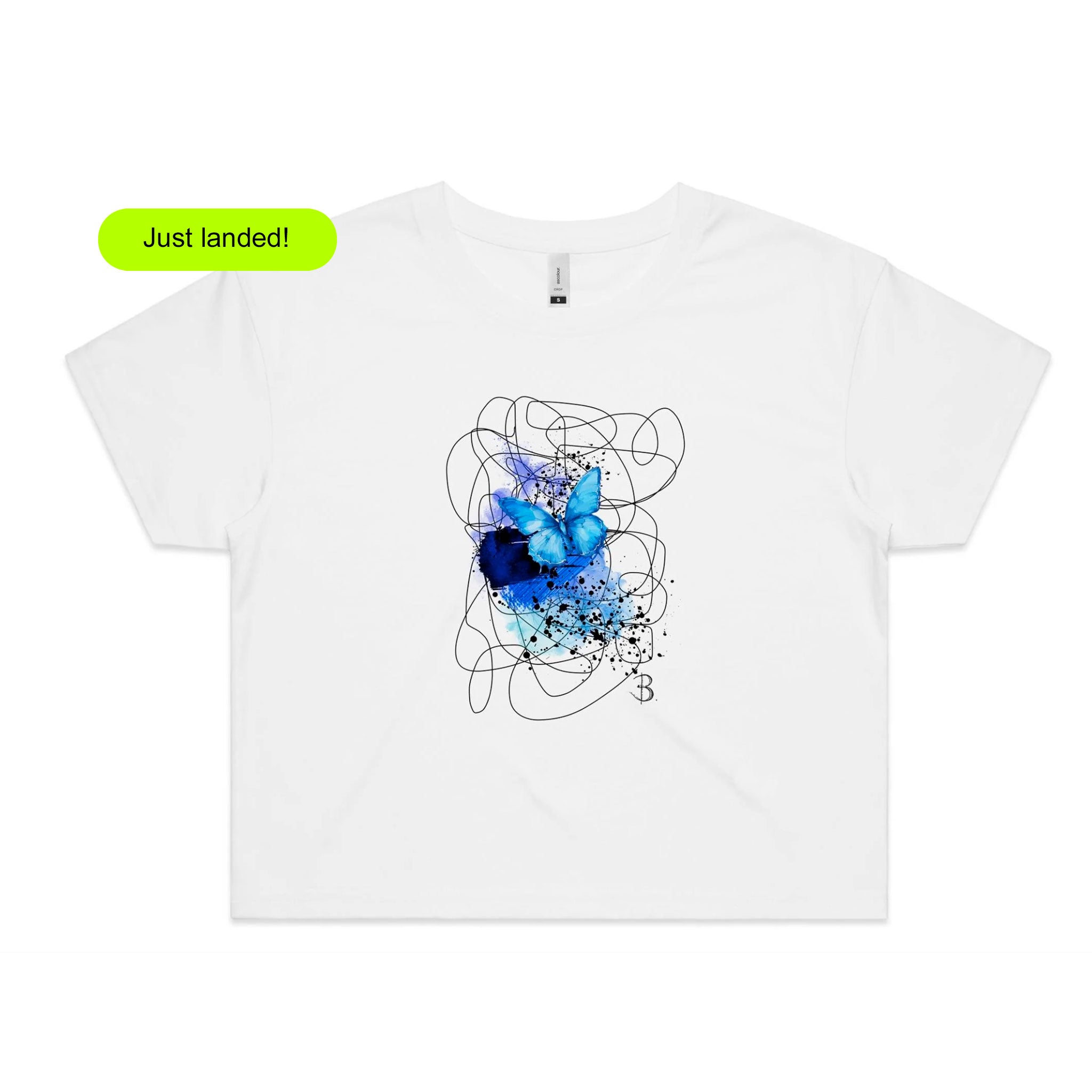 Image showing part of mens premium cotton white t-shirt with smile print on the front, designed by Bridget Bradley