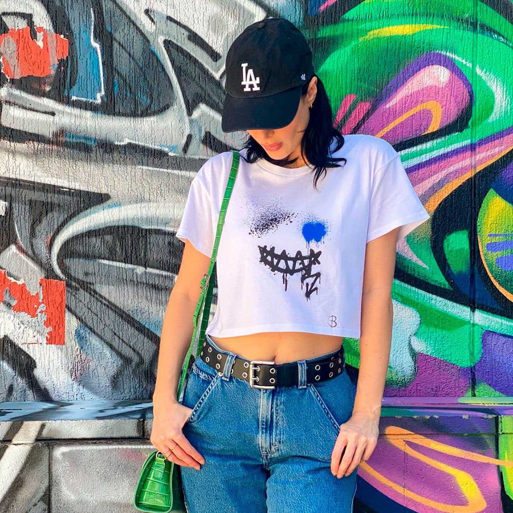 Bridget Models her printed design on the 'Smile Crop Top Tee' Front - B Streetwear by Bridget Bradley
