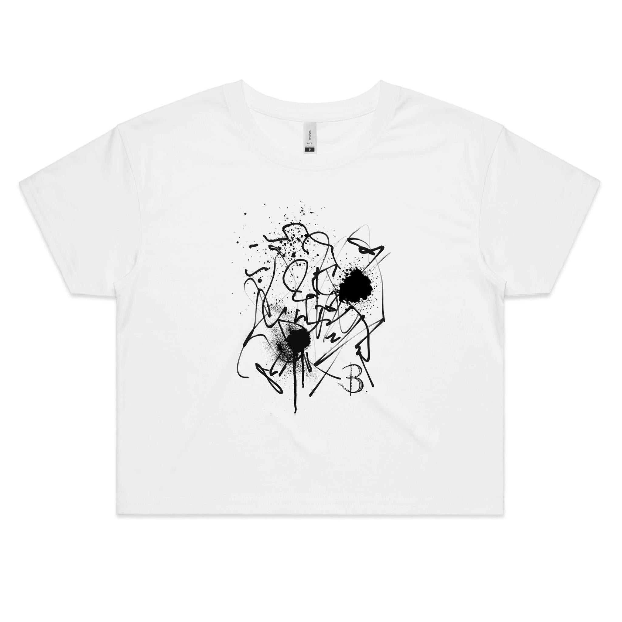 The Eva Crop Top Tee high-quality, white cotton tee with black design printed on the front. Designed by Bridget Bradley, Abstract Artist and Designer