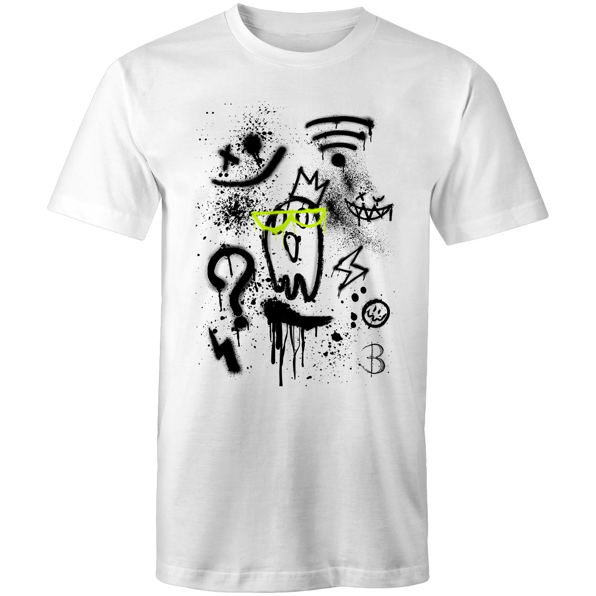 'OFF GRID' Luxury White Mens or Unisex Premium 100% Cotton T-shirt front with design. Designed by Bridget Bardley