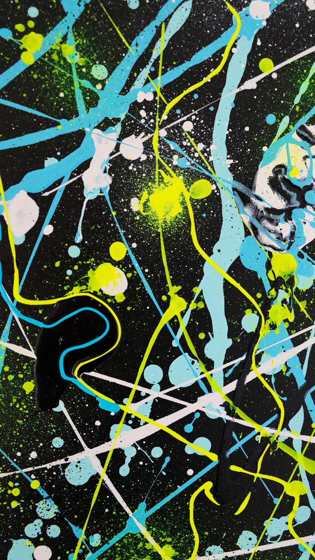 'Alien' snapshot of abstract art in neon yellow, blues, white and black. Large wall art painted on canvas by Abstract Expressionist Artist Bridget Bradley
