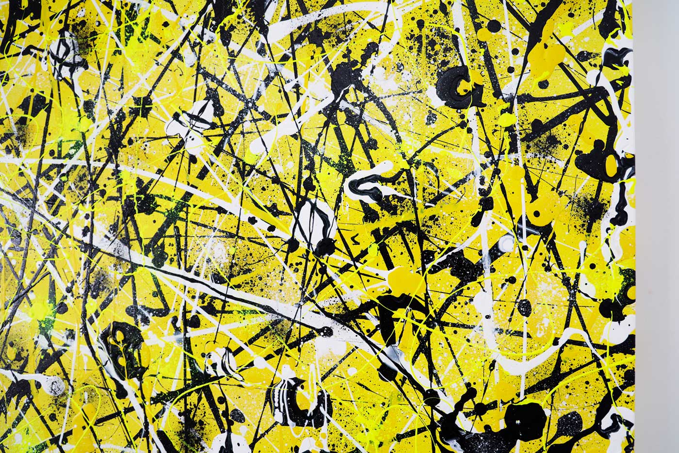 Beehive, original abstract expressionism painting texture up close. Action painting in yellow, neon yellow, white and black. Painted by Bridget Bradley