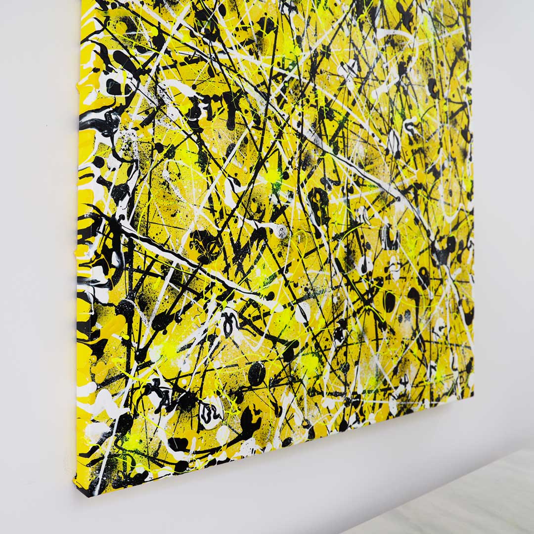 Beehive, original, textured abstract expressionism painting on canvas by Bridget Bradley, left edge view shows painted to the edges.