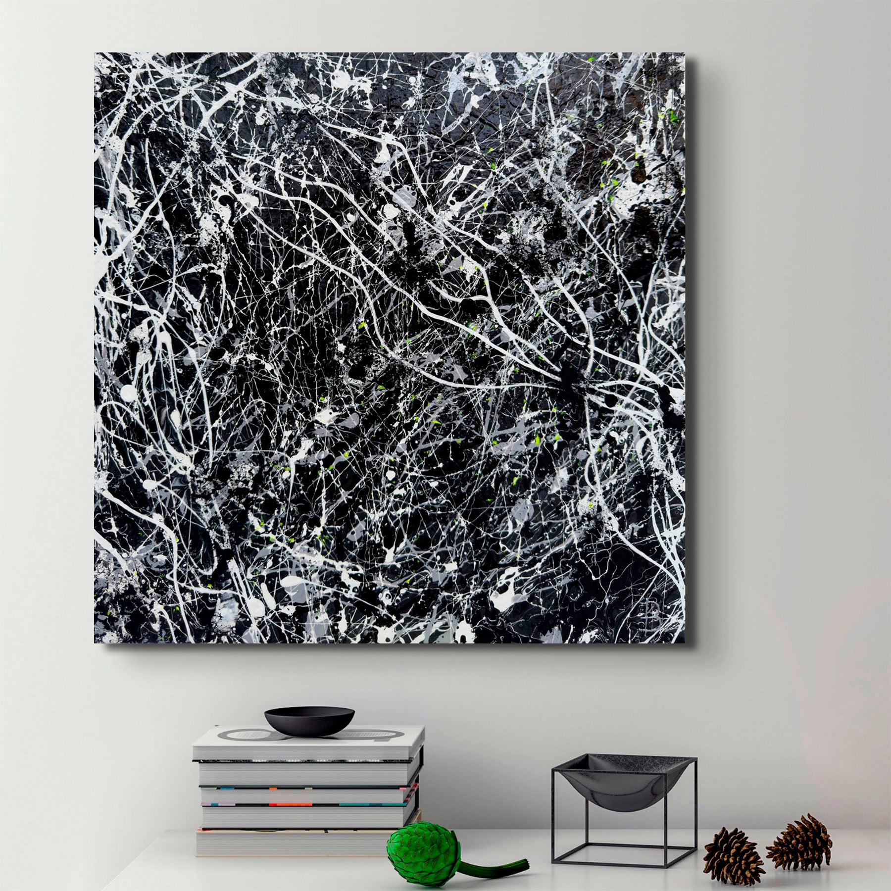 'Blackhat' contemporary abstract expressionism canvas art by Bridget Bradley. Seen hanging in situ