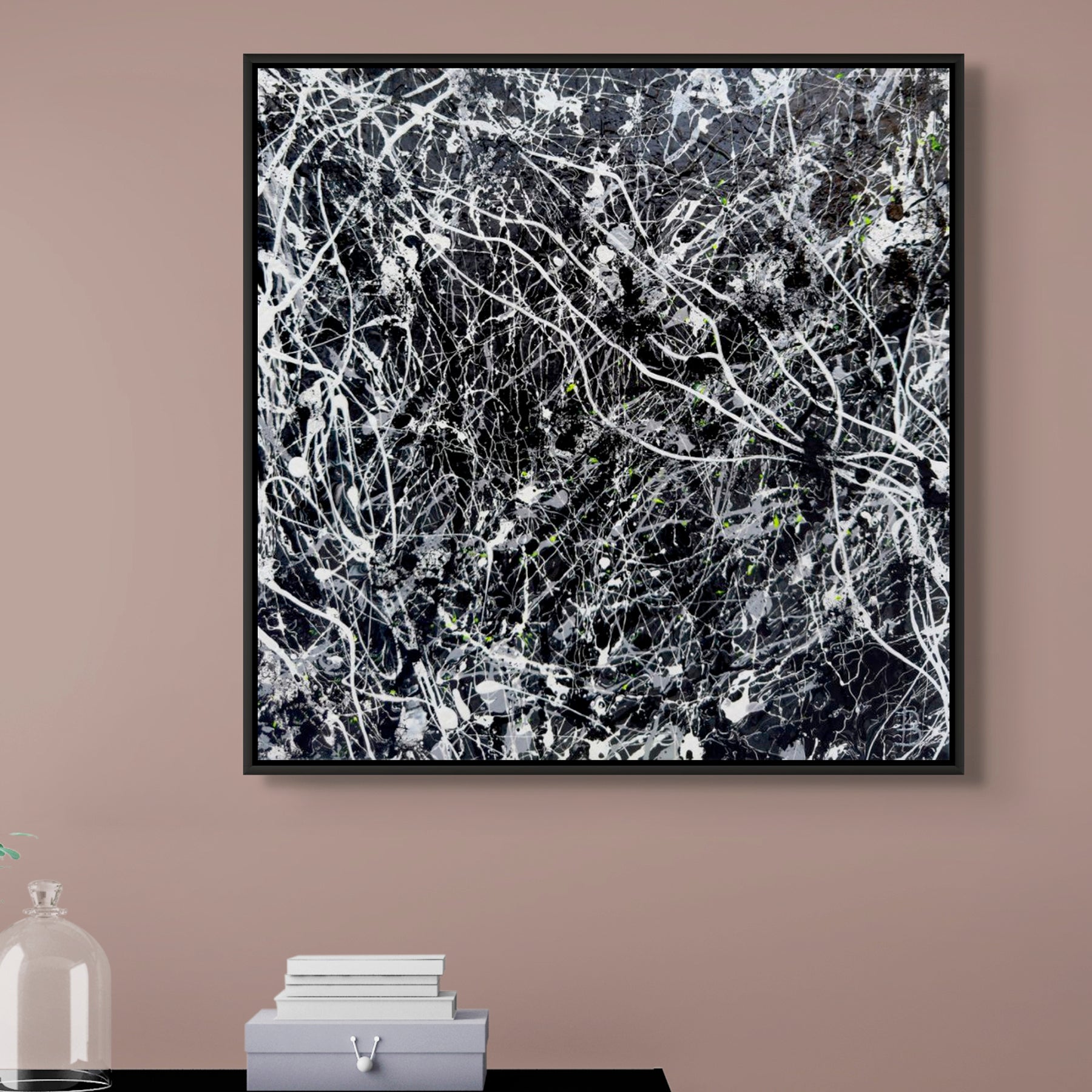 'Blackhat' original abstract expressionism painting by Bridget Bradley. See her in situ with a black float frame.
