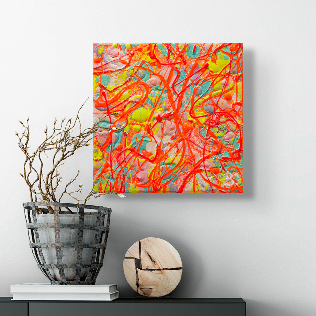 'Bright' contemporary abstract painting on cnavas seen hanging above console. Bright colour palette with neons. Hand painted by Abstract Artist, Bridget Bradley