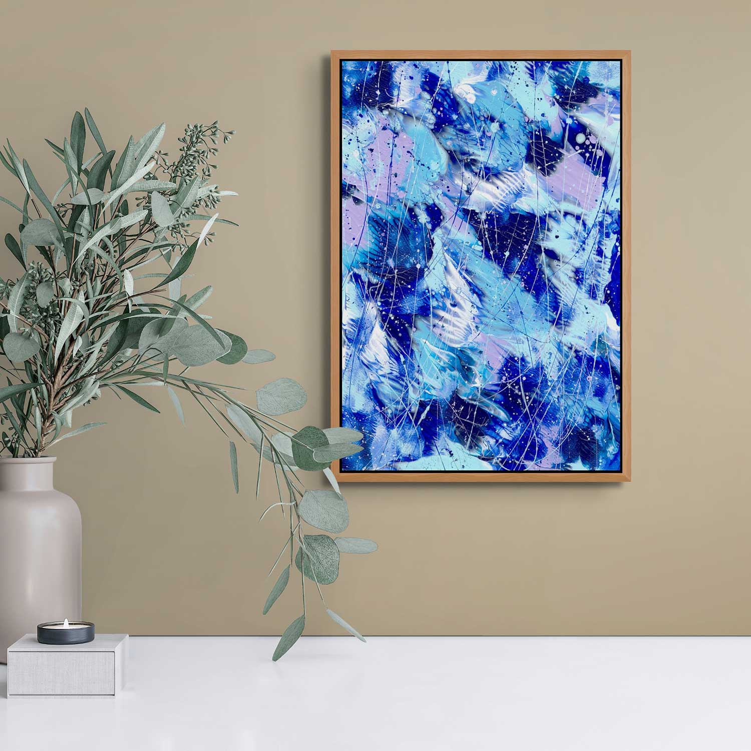 'Butterfly 4' Fine Art Canvas Print in Oak Float Frame Near Ceramic Vase with Green Foliage. After original painting by Bridget Bradley. Find out more.