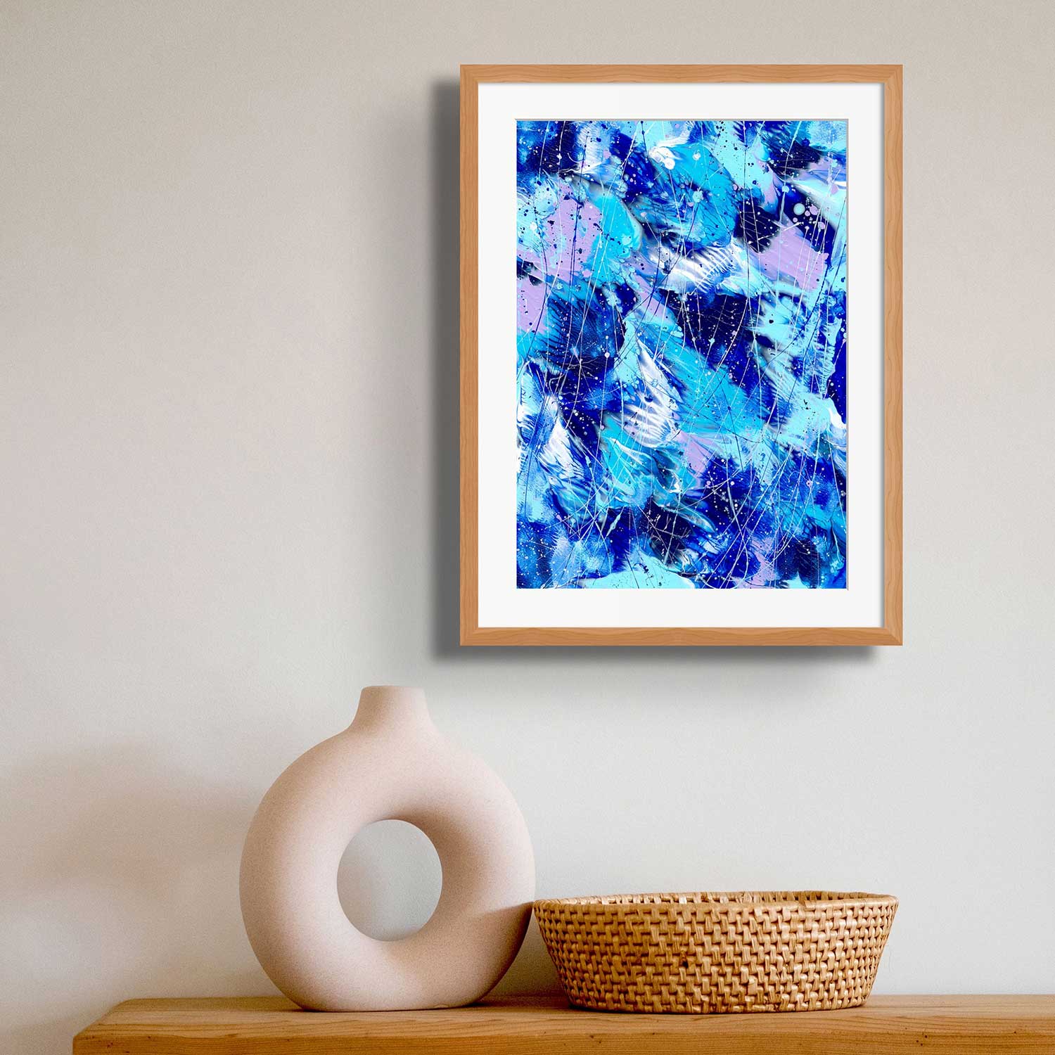 'Butterfly 4' Butterfly Series, Abstract Art on Paper By Bridget Bradley. Seen in Oak Frame Above Ornaments. Sold