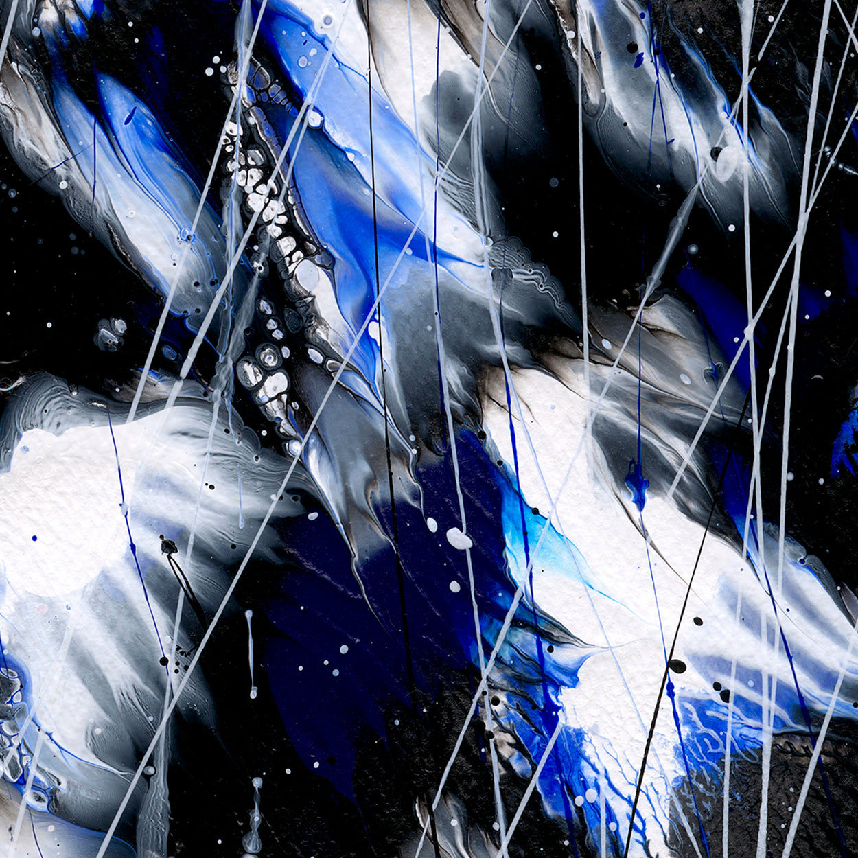 'Butterfly 8 Butterfly Series' original abstract painting by Bridget Bradley, showing a closeup of the detailed patterns in bright blue, white and black Learn more about this beautiful abstract art now.