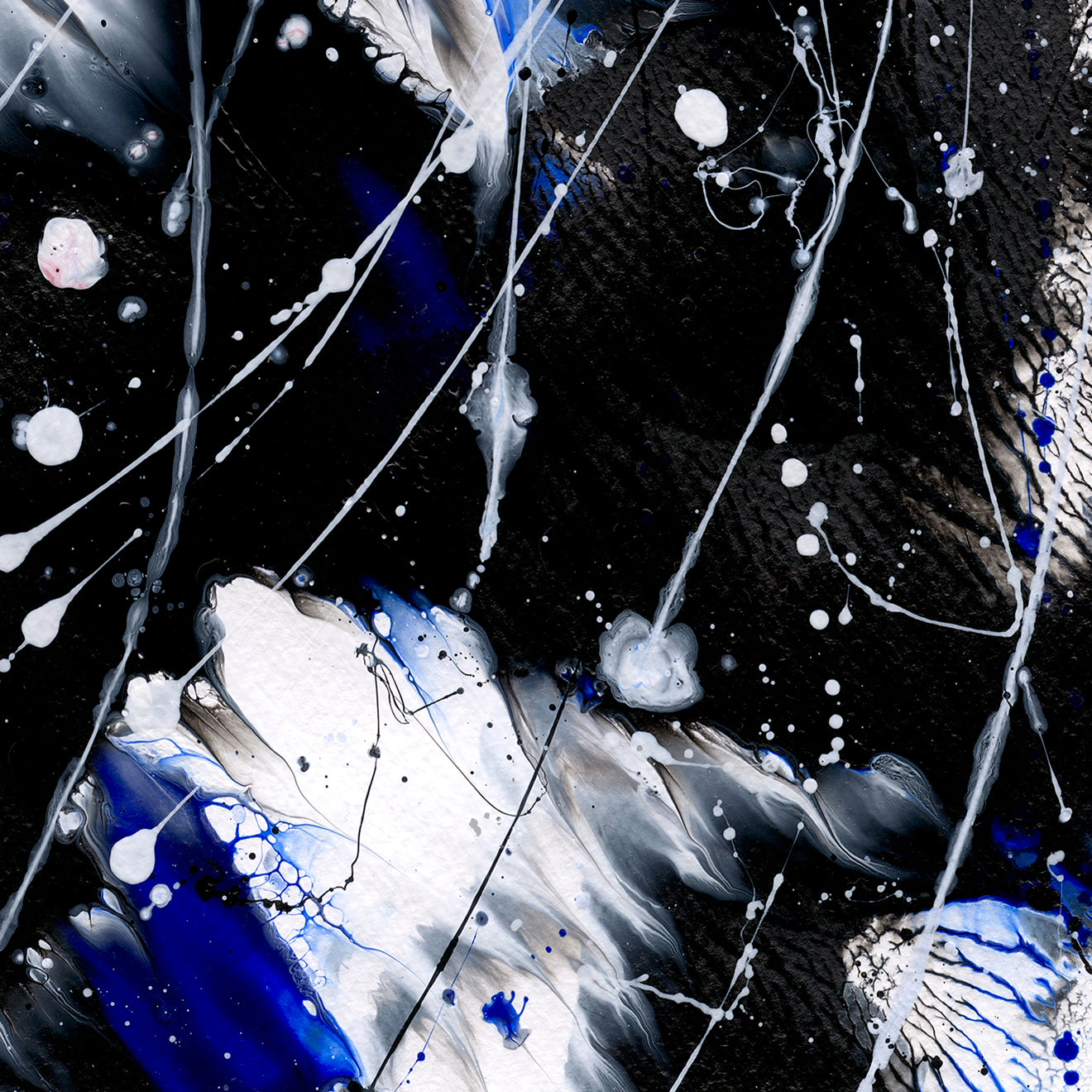 'Butterfly 8, Butterfly series' by Bridget Bradley, showing closeup of layers and marks in vibrant blue black and white. Find out more now.
