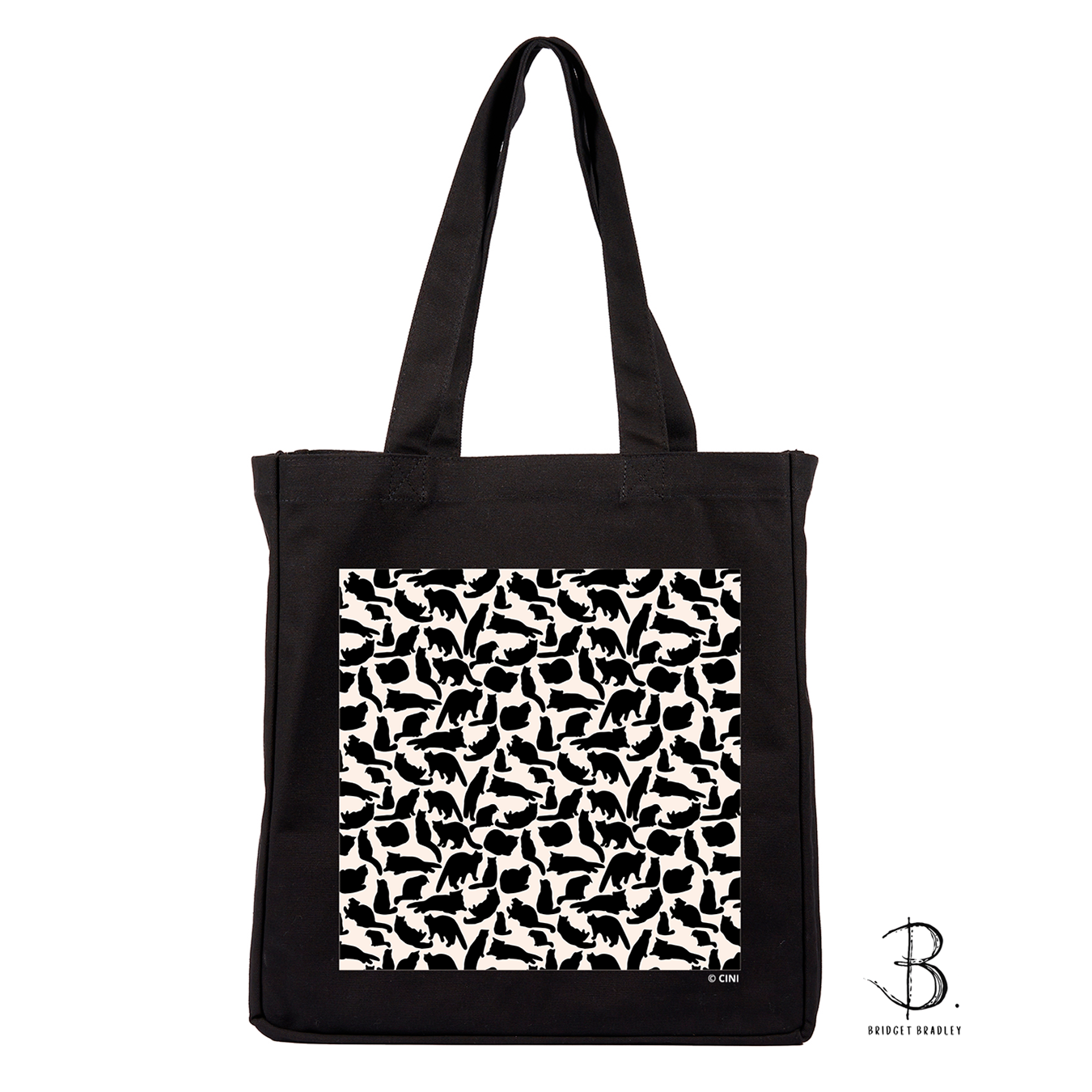 Premium ©CINI Organic cotton canvas Tote Bag in Black colour with double -sided cat illustration print. Original art by Bridget Bradley. A Collaborative design.