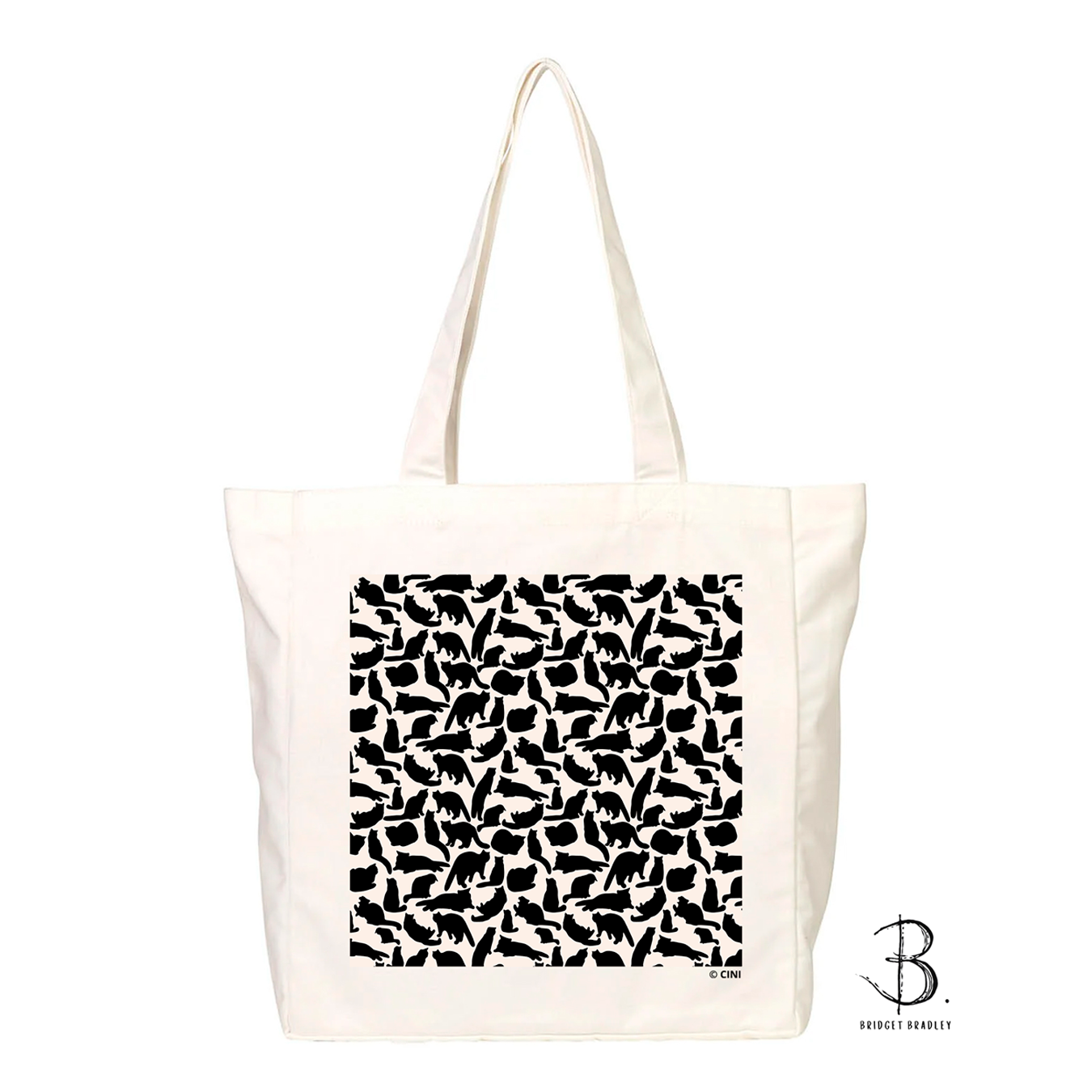 Premium ©CINI Organic cotton canvas Tote Bag in Ecru colour with double -sided cat illustration print. Original art by Bridget Bradley. A Collaborative design.