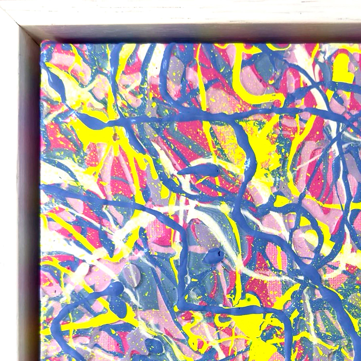 'CAKE' Original Small Abstract Expressionism Painting on Canvas, Vibrant colours and Textured. Framed in White Stained Tasmanian Oak. Exhibited art by Bridget Bradley