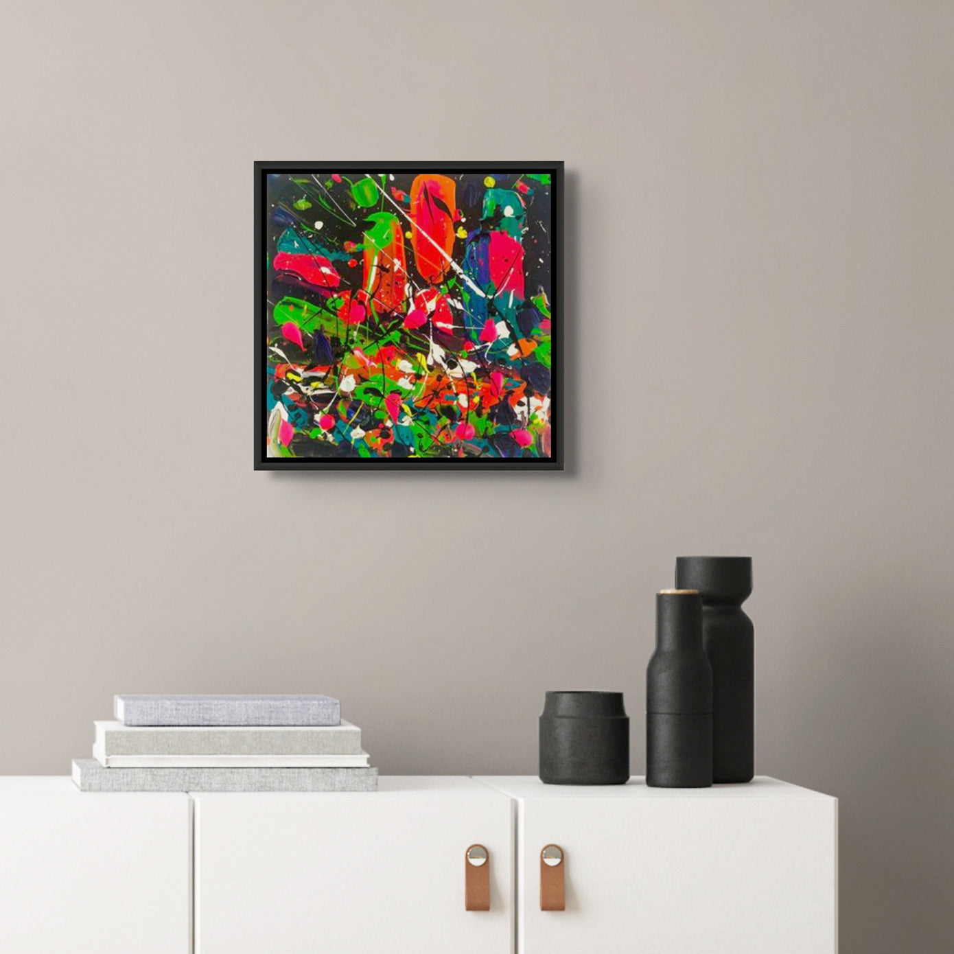 'City Nights' original abstract painting on canvas seen framed in black float frame hanging above a white console. Artwork by Bridget Bradley.