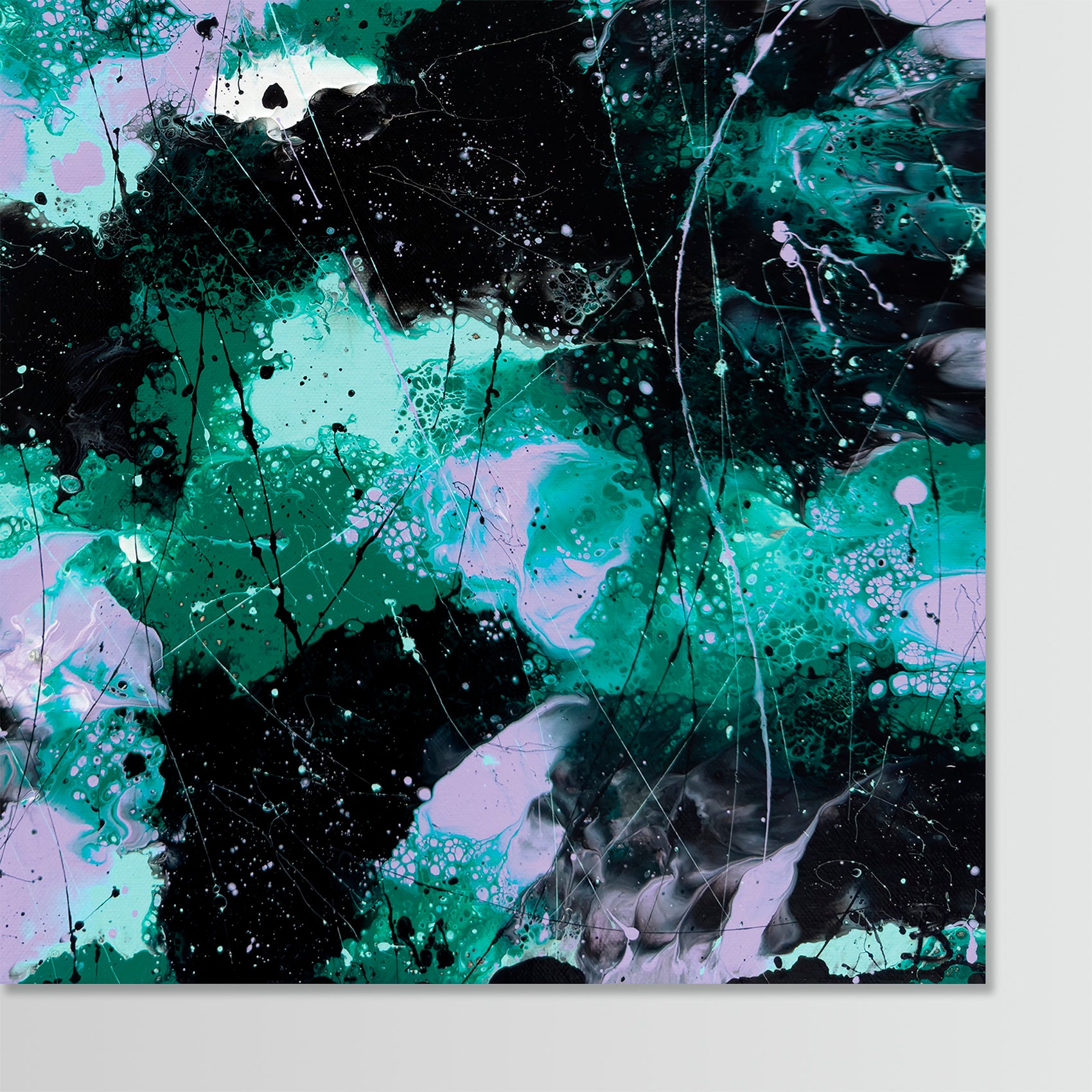 Closeup of 'Forest I' Fine Art print with colours of forest green, aqua, black and white and artist signature. After the original painting by Bridget Bradley