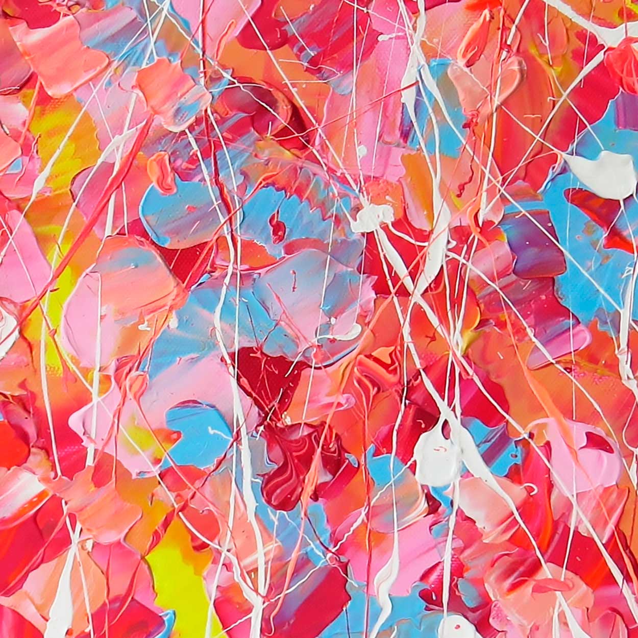 Closeup of 'Pink Lake' Textured Abstract Original Painting in yellow, nude, sky blue, reds and pinks. Art by Bridget Bradley