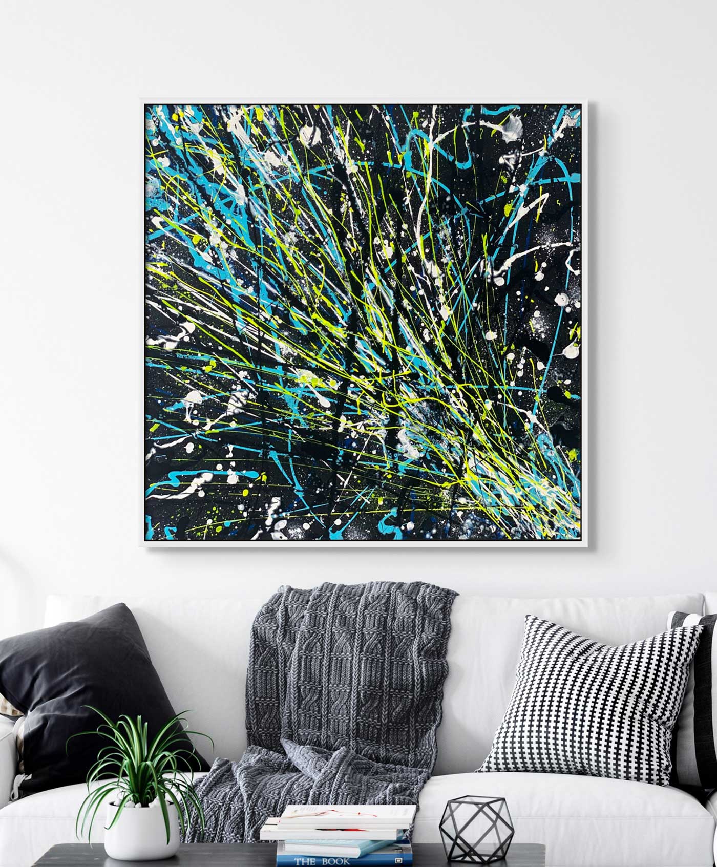 'Comet' Original Abstract Painting on Canvas by Bridget Bradley,seen with White Frame In Situ Above Sofa and Cushions