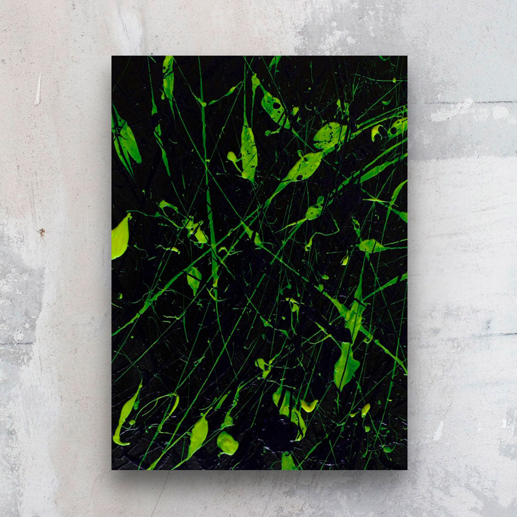 'Complexity' Original Abstract Art on Paper by Bridget Bradley, dark background with bold neons. Art seen against a stone wall in situ