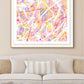 Cupcake II Fine Art Paper Print in Oak Shadow Box Frame seen hanging in living area above sofa and cushions. High quality art print after the hand painted original abstract by Bridget Bradley