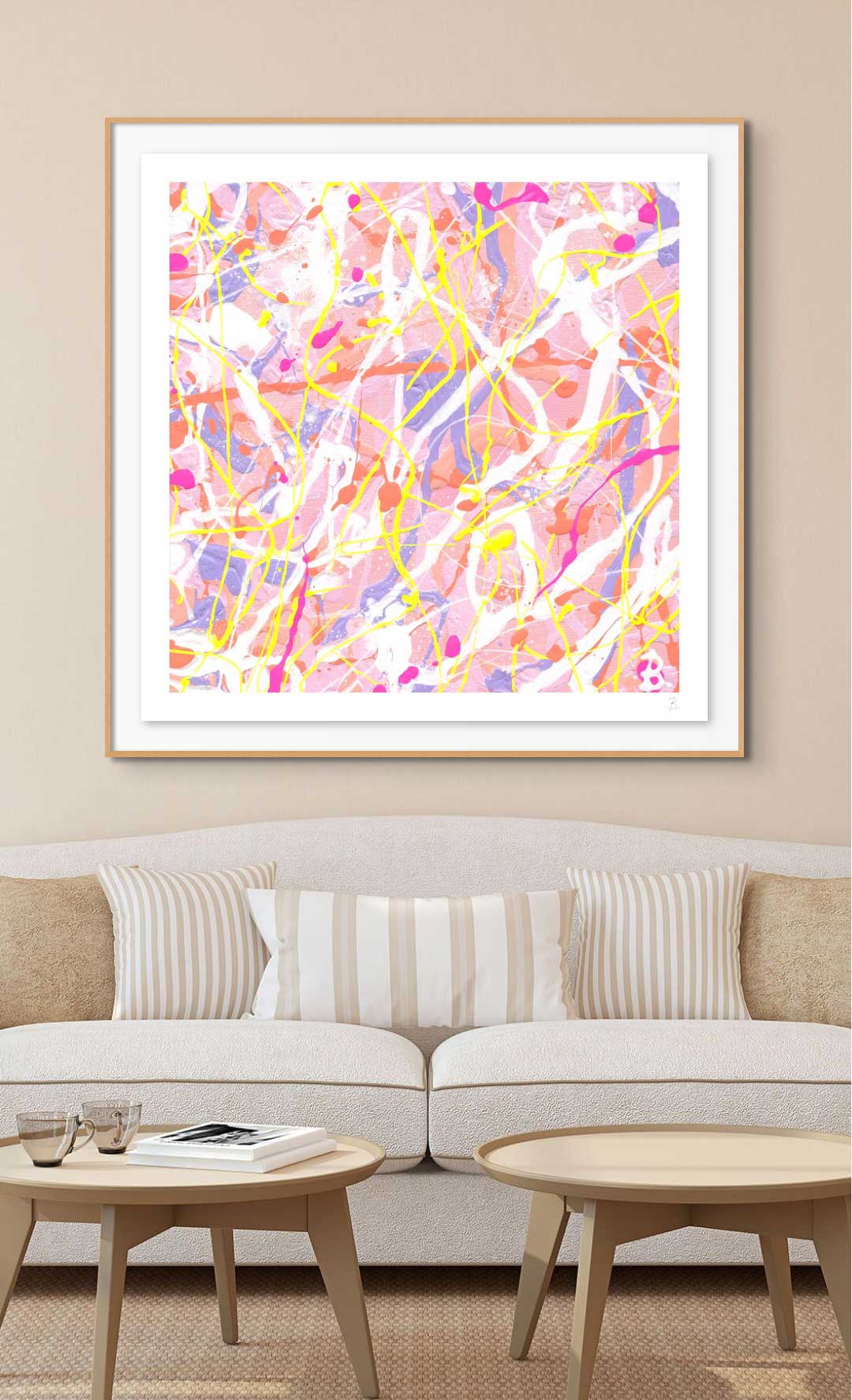 Cupcake II Fine Art Paper Print in Oak Shadow Box Frame seen hanging in living area above sofa and cushions. High quality art print after the hand painted original abstract by Bridget Bradley
