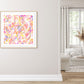 Cupcake II Fine Art Paper print with white border, and oak shadow box frame seen hanging  on living room wall. After the hand painted abstract expressionism painting by Bridget Bradley