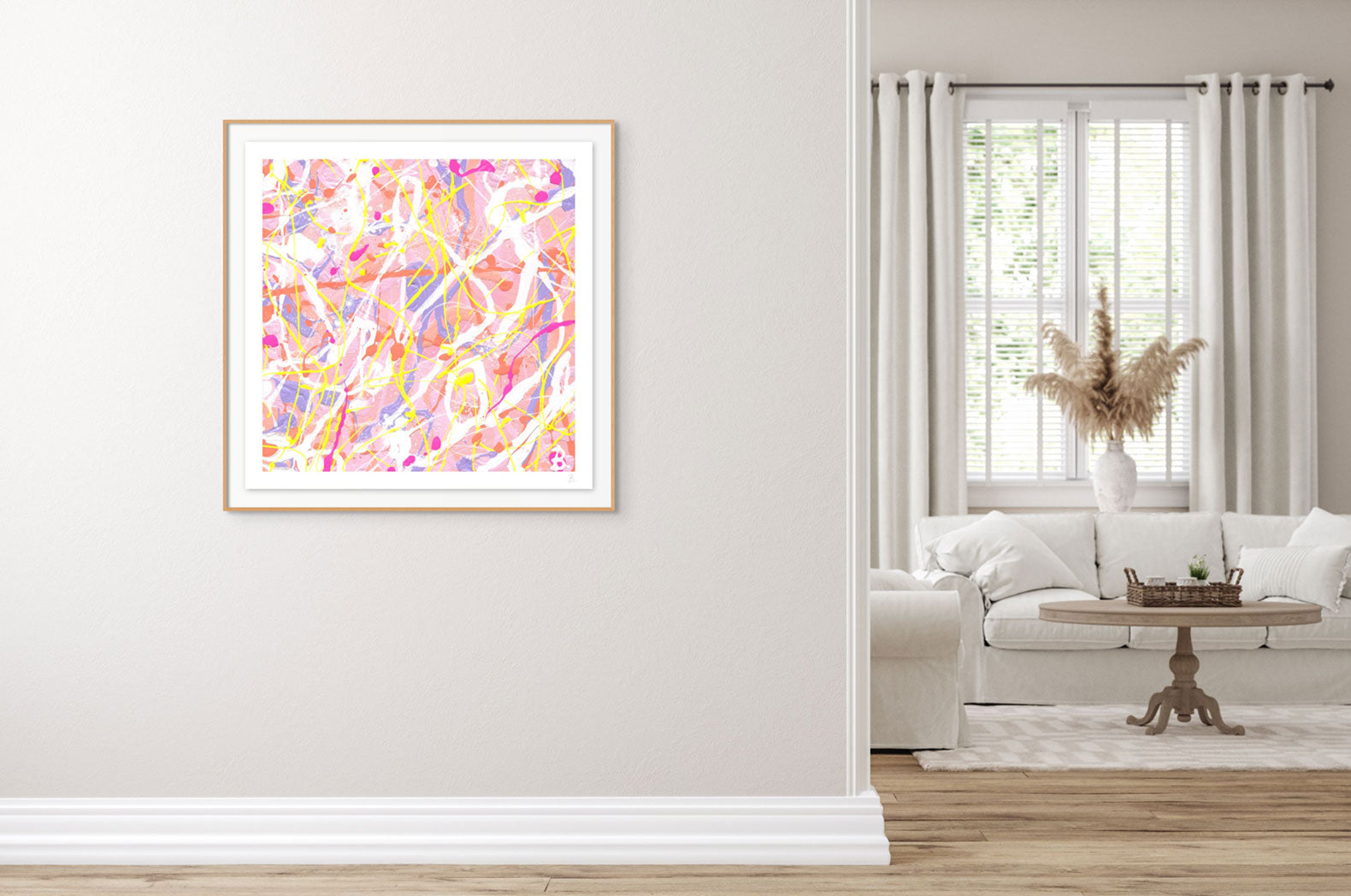 Cupcake II Fine Art Paper print with white border, and oak shadow box frame seen hanging on living room wall. After the hand painted abstract expressionism painting by Bridget Bradley