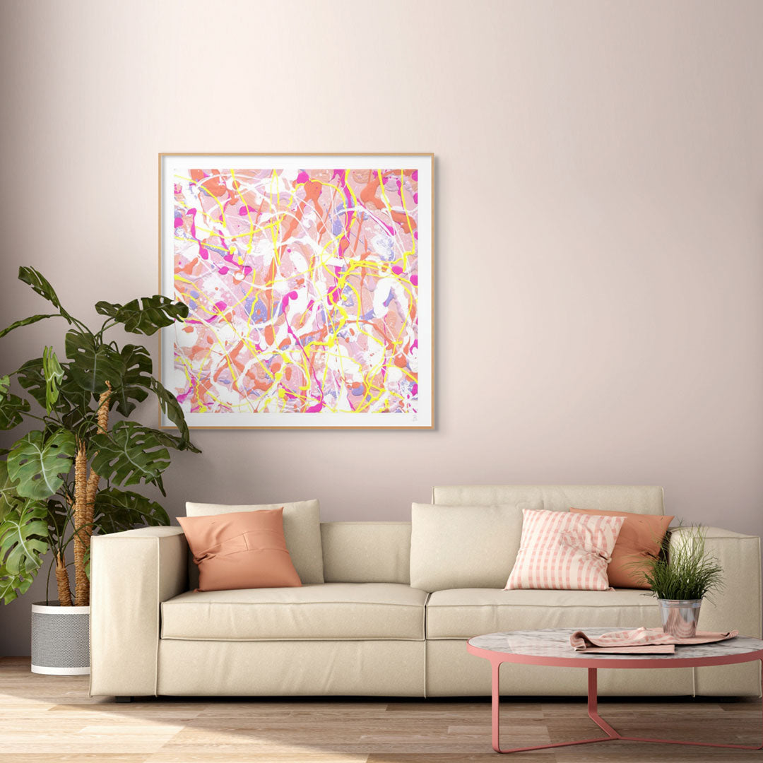 'Cupcake III' Large 100x100cm Fine Art Paper print with solid Oak wood shadow Box frame custom made in Australia. Seen hanging in situ above cream sofa neat indoor potplant. Learn more