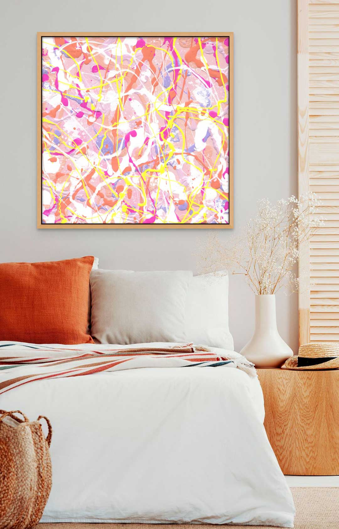 'Cupcake III' Fine Art Print seen hanging in bedroom, framed in Hand-Cut Oak Wood Custom Made in Australia Frame. After original abstract painting by Bridget Bradley. Large Prints Available