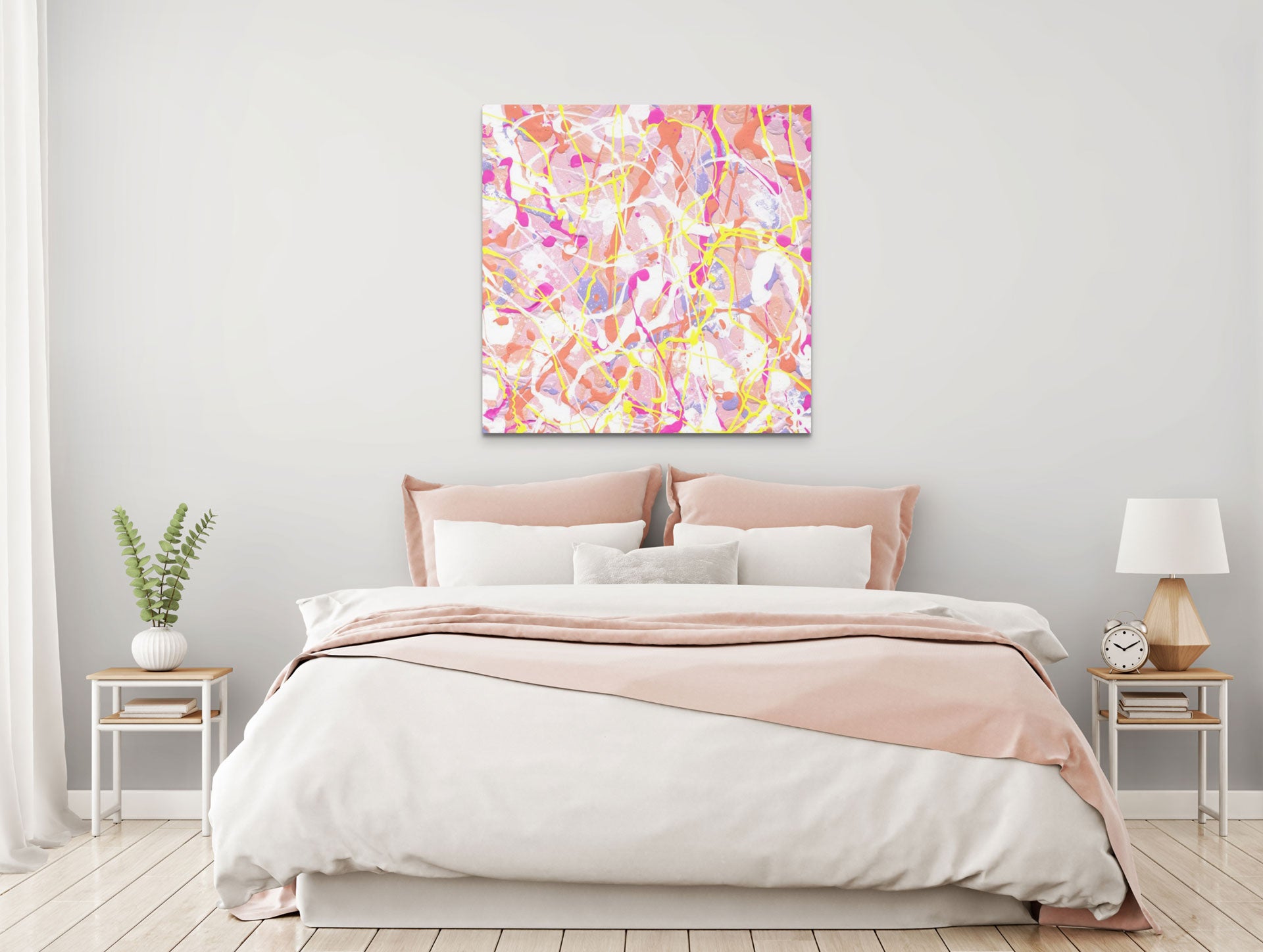 'Cupcake III' Fine Art Canvas Print, Unframed, hanging above bed with pink and white linen. Large Prints Available up to 100x100cm