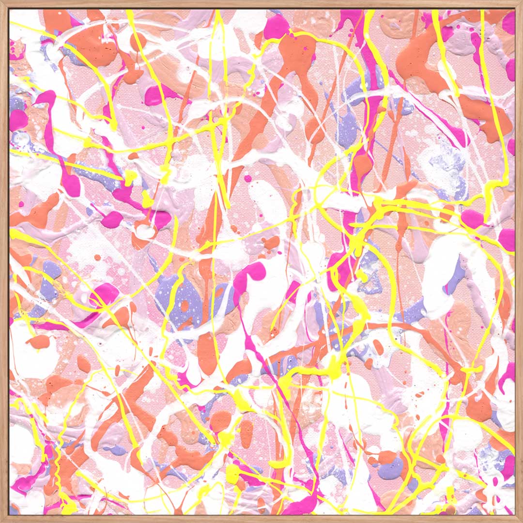 'Cupcake III' Fine Art Print on Canvas framed in cutsom hand cut float frame wooden Oak made in Australia . After original abstract expressionism painting by Bridget Bradley
