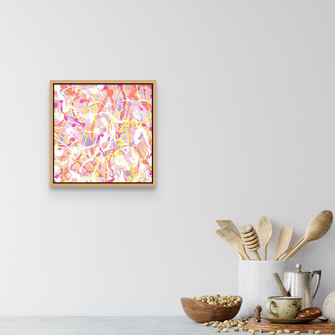'Cupcake III' original painting by Bridget Bradley in bright pastels with a dash of neon yellow. Seen if framed in oak and hanging in kitchen room. Learn more