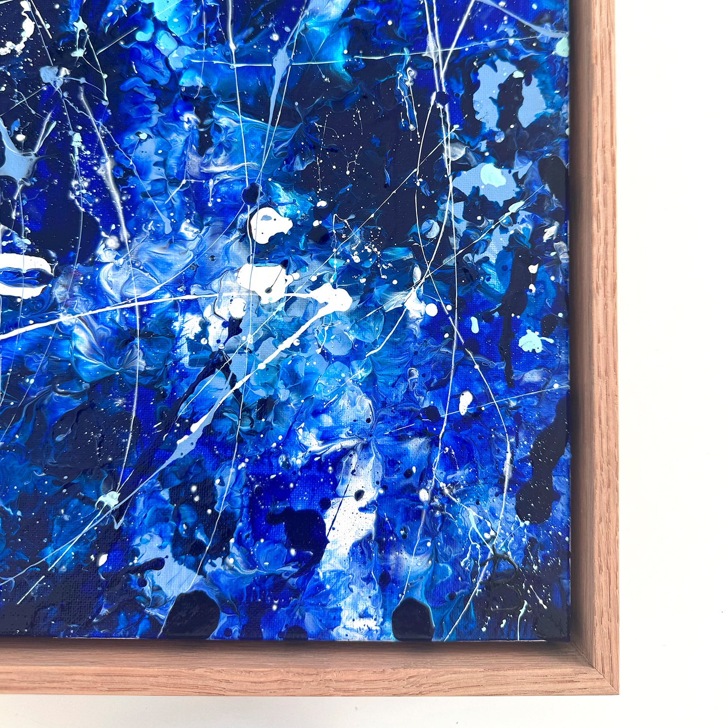 Corner of custom-made Tasmanian Raw Oak frame on Deep Blue I, original abstract rat by Bridget Bradley