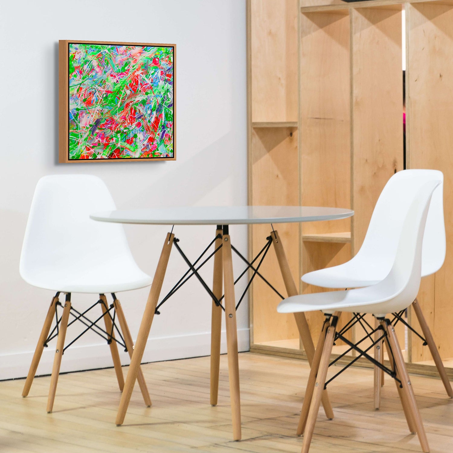 Euphoria-Original Abstract Painting by Bridget Bradley seen with Oak Flat Frame Hanging in Dining Space. Learn More