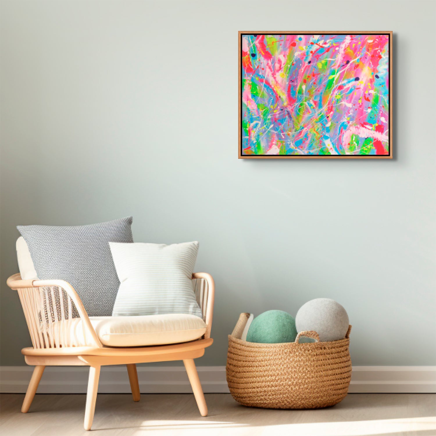 'Fruiti Fizz' Candyland Series, original abstract art by Bridget Bradley seen in child's playroom with oak float frame. Learn more