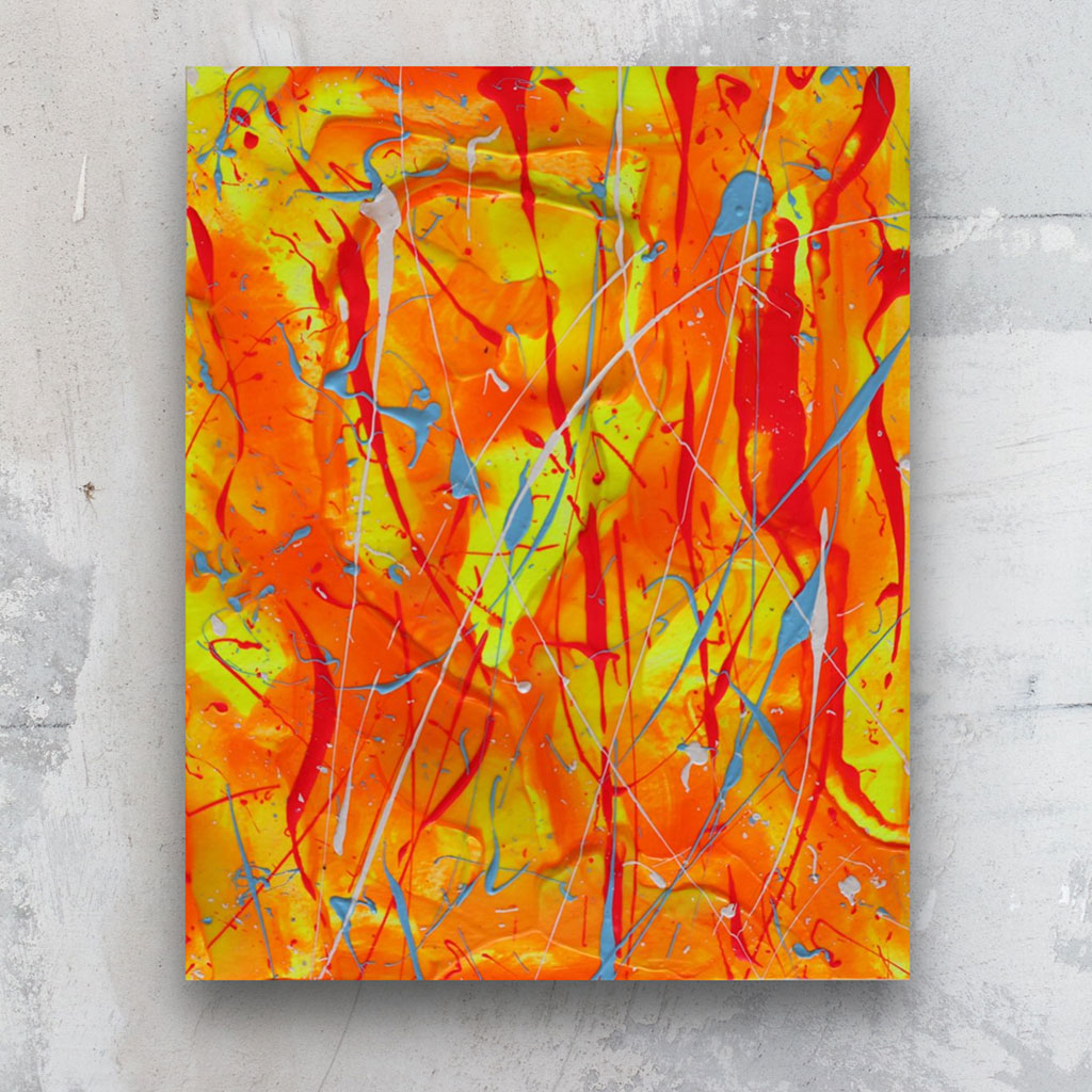 Fire, original abstract art on paper by Bridget Bradley. Bright palette of orange, yellow, blue make this abstraction glow.