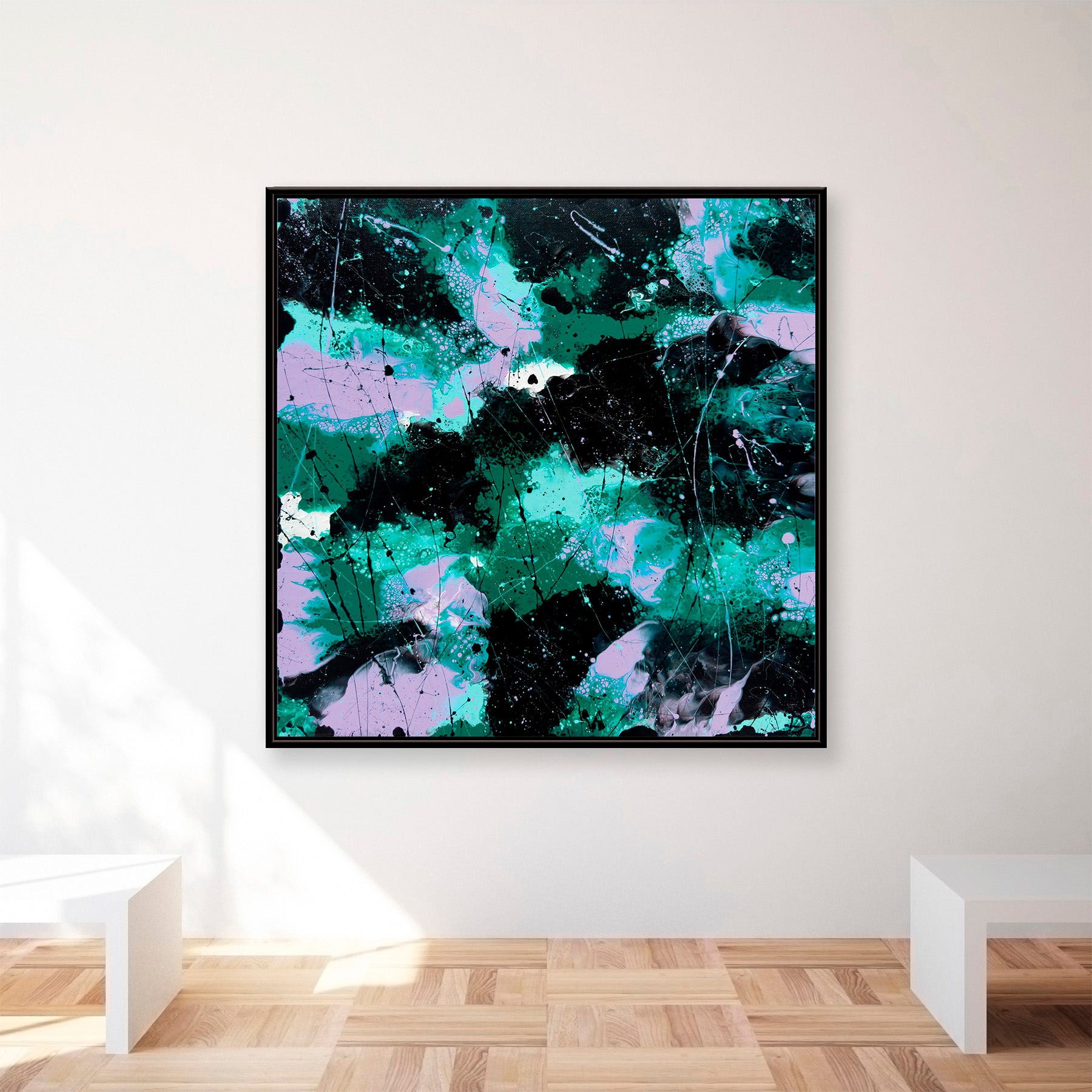 'Forest I' Abstract fine art print with teal, purple, and black colours in a modern interior setting. After original artwork by Bridget Bradley, contemporary abstract artist, Australia