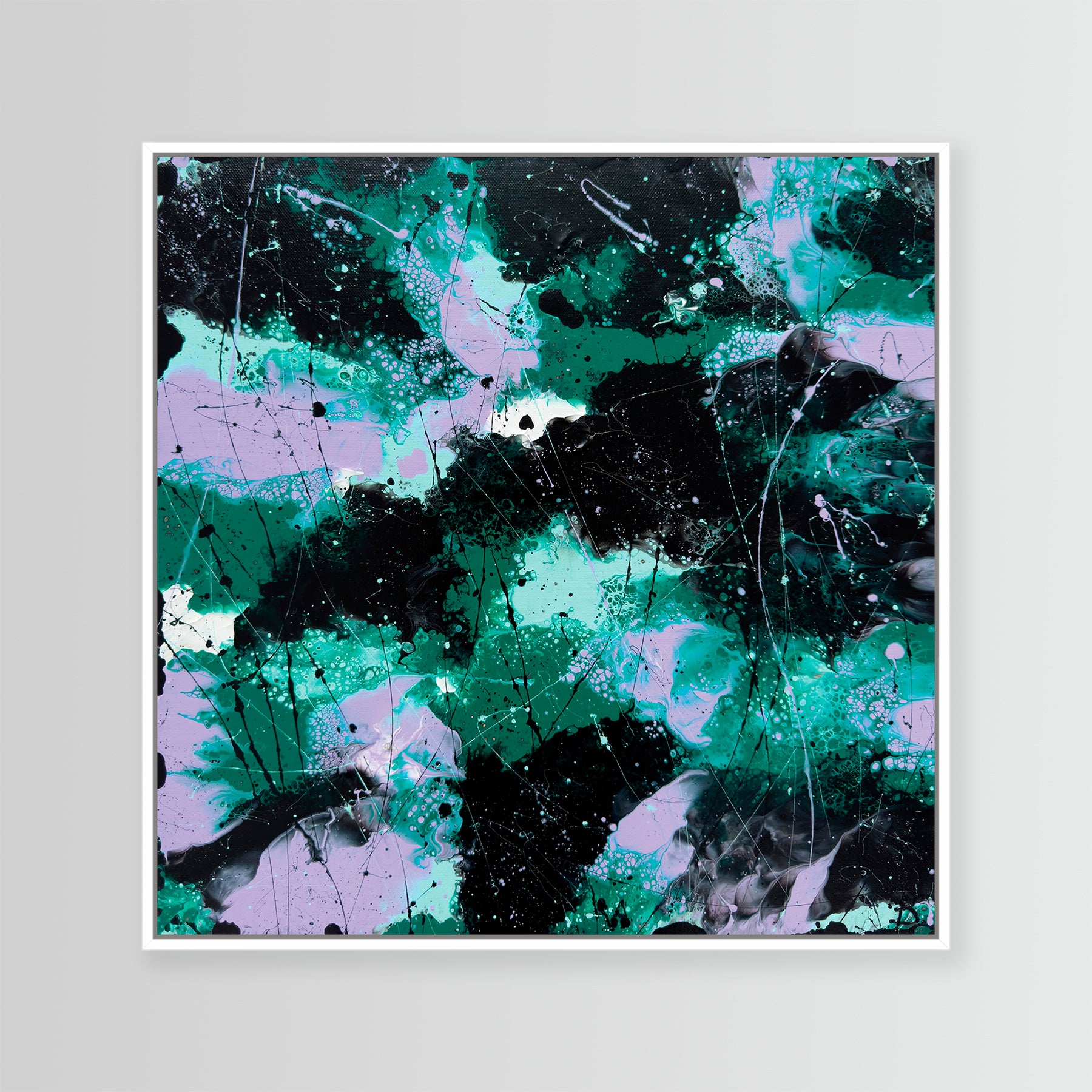 'Forest I' fine art Abstract art print with white float frame in hues of green, black, and purple on a gray background. After an original by Bridget Bradley, contemporary abstract artist Australia