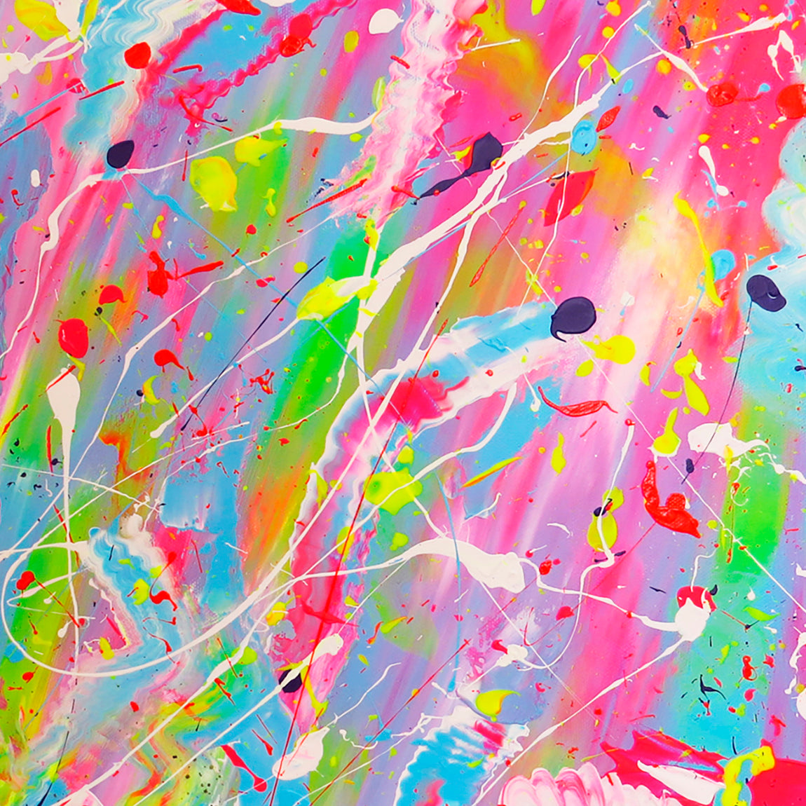 'Fruiti FIzz' the artist,Bridget Bradley uses action painting on this original abstract expressionism painting. Learn more about the storey behind this work