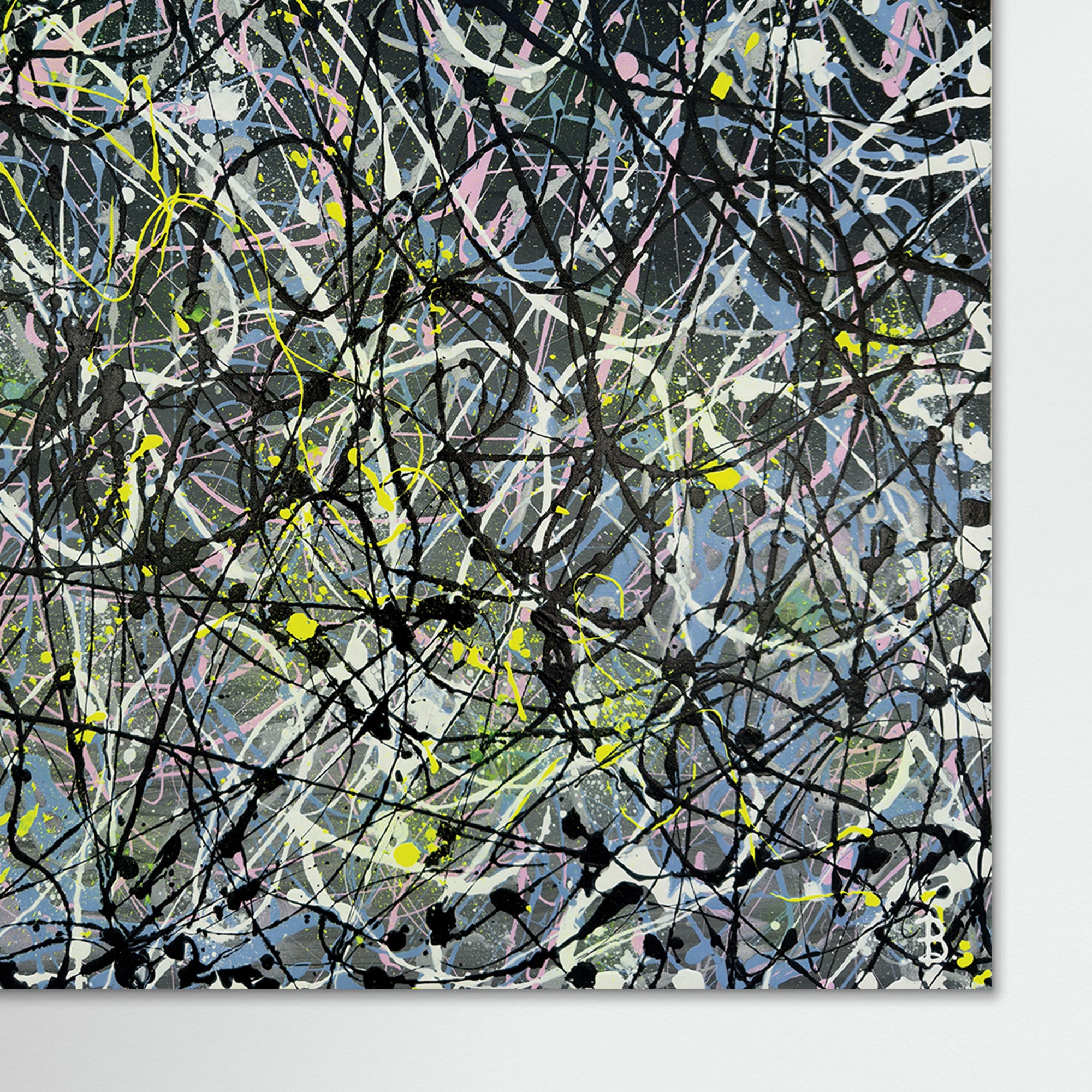 'Grey I' unframed fine art print on canvas closeup, in black, neon yellow, pink and other hues. After originalabstract expressionist art by Bridget Bradley,