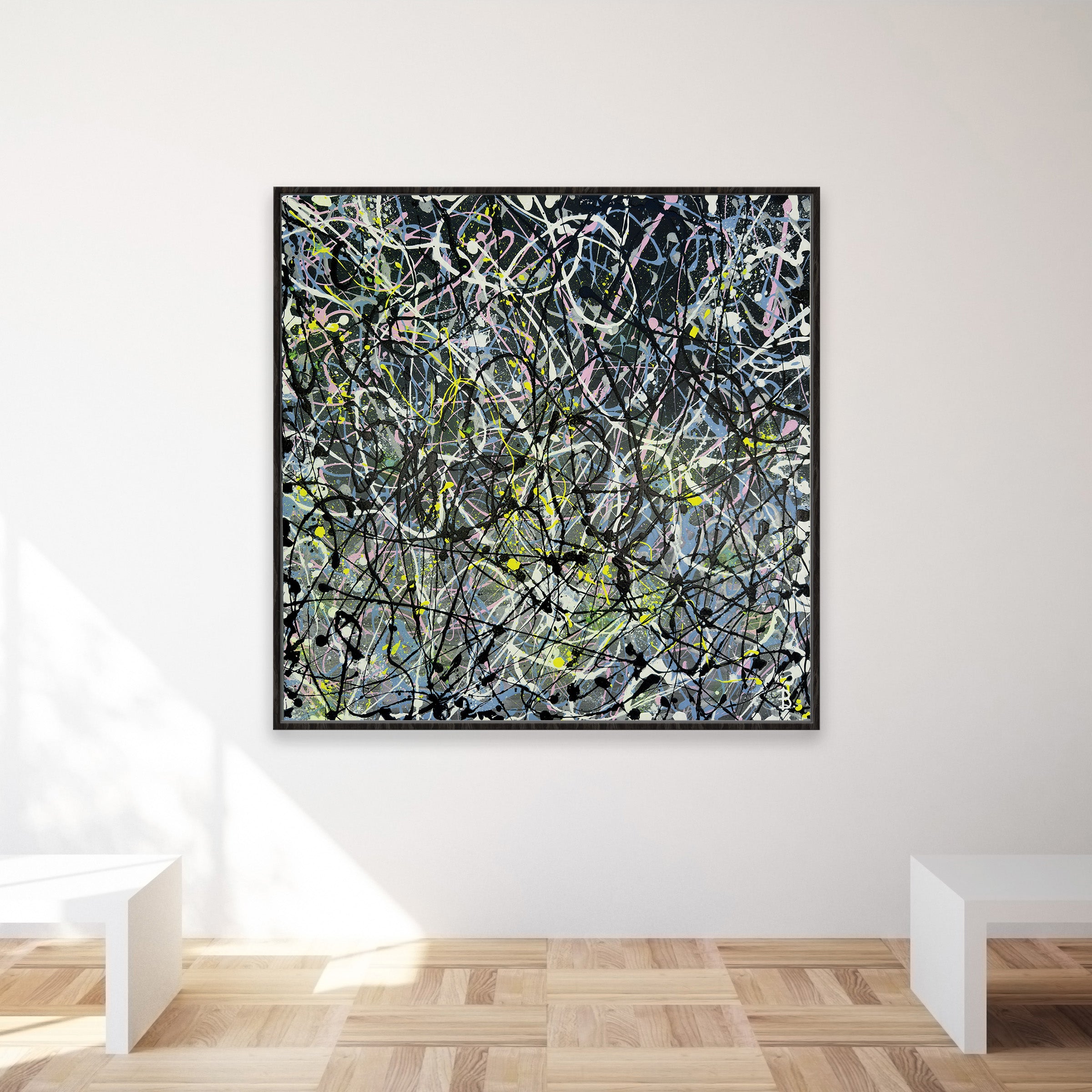 Fine Art print 'GREY I' with black float frame in situ. After the original painting by contemporary abstract expressionist artist Bridget Bradley