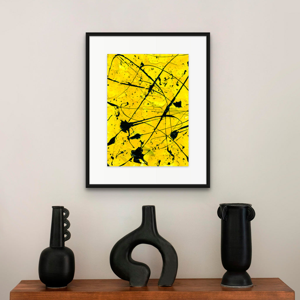 Geometric II-Original Abstract painting on paper framed in shadow box black frame, near Black Vases in situ. Hand painted by Bridget Bradley