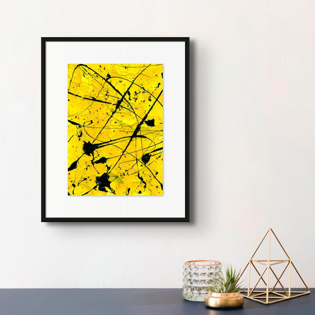 Geometric II, original abstract expressionism painting on paper, seen framed in shadow box black frame above triangle ornament. Hand painted by Abstract Artist, Bridget Bradley