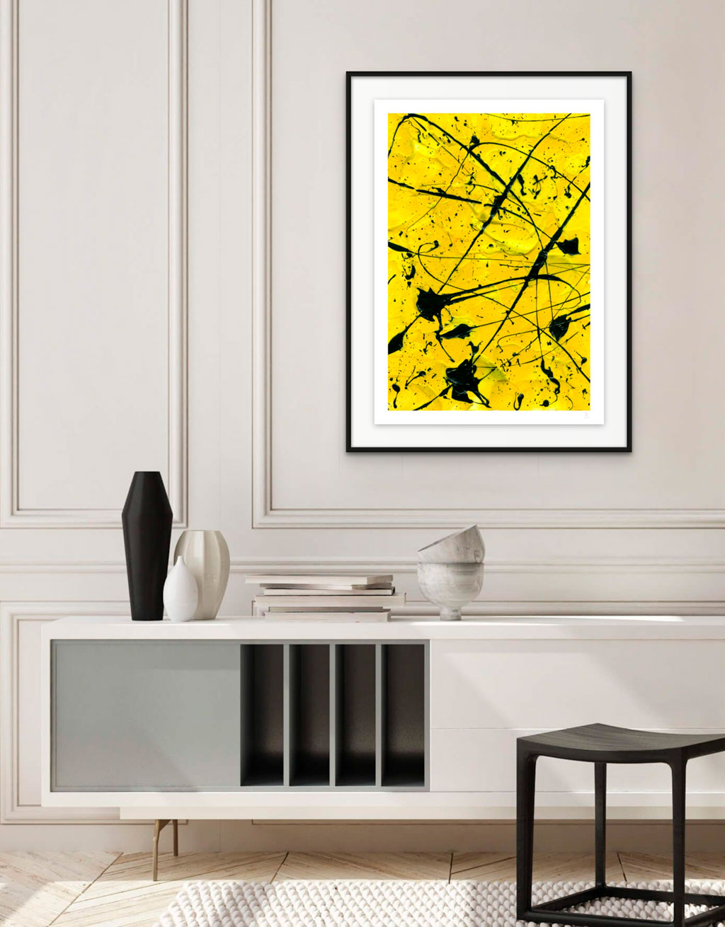 Geometric II fine art paper print in black shadow box frame above console in situ. After original painting by Bridget Bradley, Abstract Artist Australia