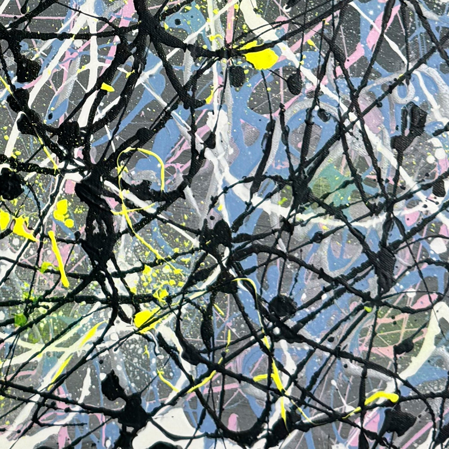 Closeup of Grey I original abstarct expressionism artwork showing textures. Human-made, hand-painted art by Bridget Bradley