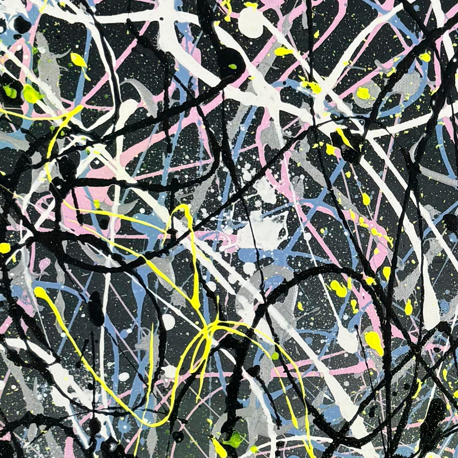 Part of the original painting 'GREY I' by contemporary abstract expressionist artist Bridget Bradley. Colourful mark making using neons and other hues,, painted intuitively
