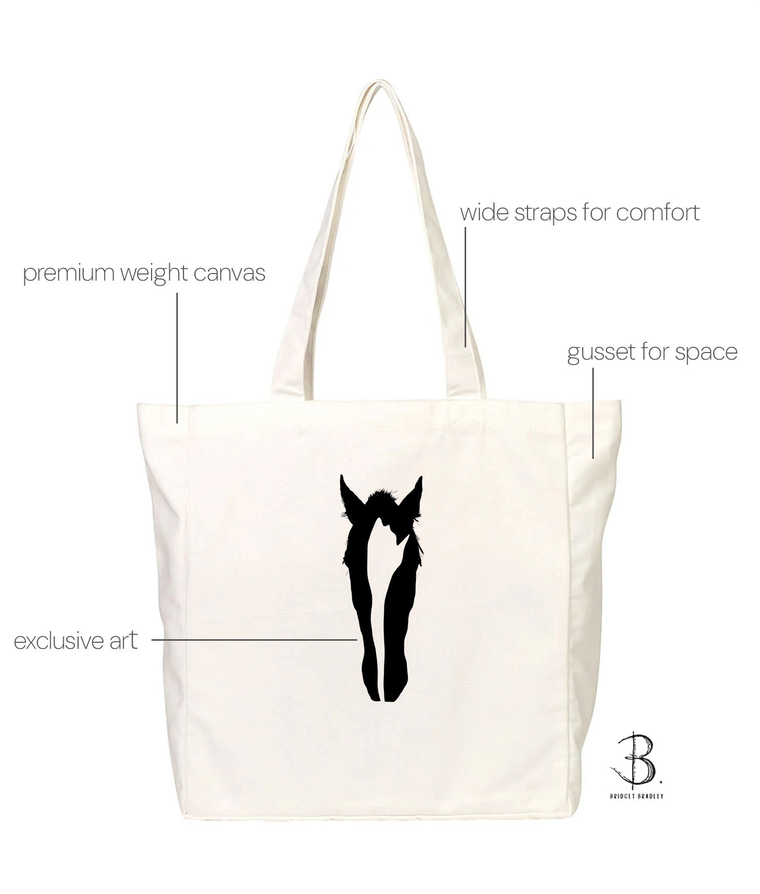 Ecru Cotton Canvas 'A Horses Soul Tote' with Horse Art Print and Features outlined. Exclusive printed art by Bridget Bradley. Limited numbers.