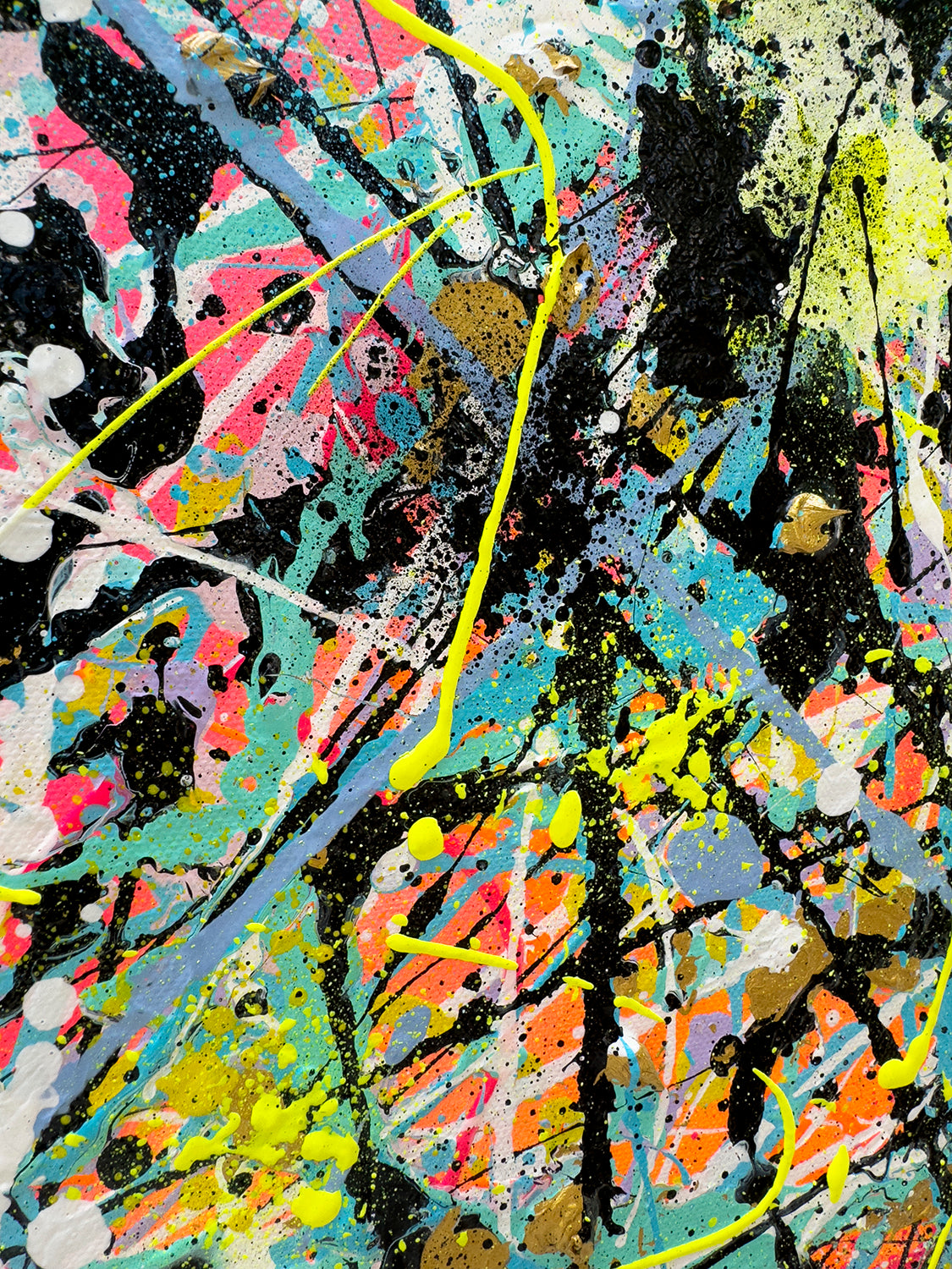 Labyrinth original abstract painting by Bridget Bradley zoomed n to show the many layers and marks in vbrant colour and neon yellow