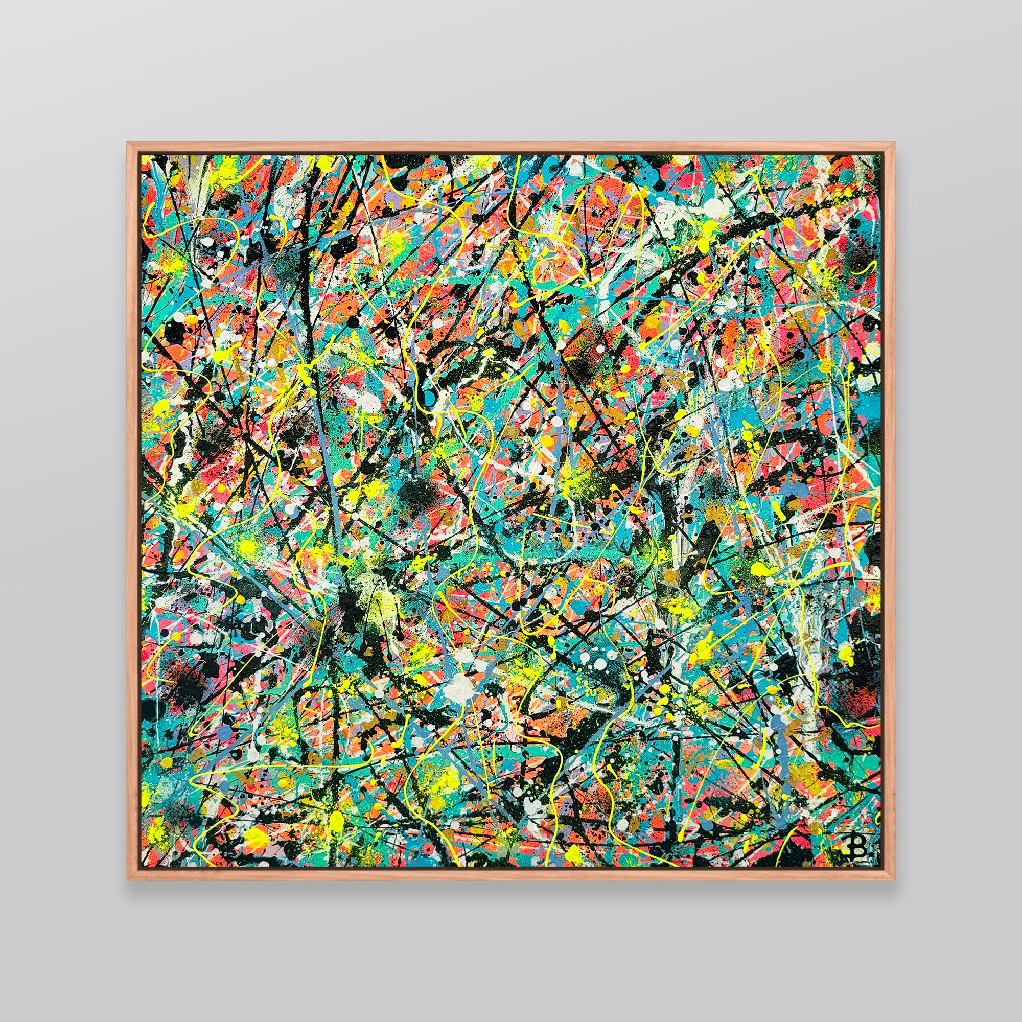 'Labyrinth' Fine Art Print multi coloured Abstract expressionism art framed in Oak frame against grey background. After original by Bridget Bradley