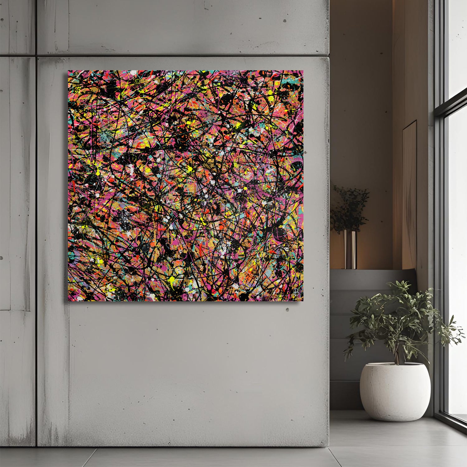 'Labyrinth II' Abstract Original Textured Painting seen hanging in modern concrete home. Art by Bridget Bradley, contemporary abstract expressionism artist Australia.